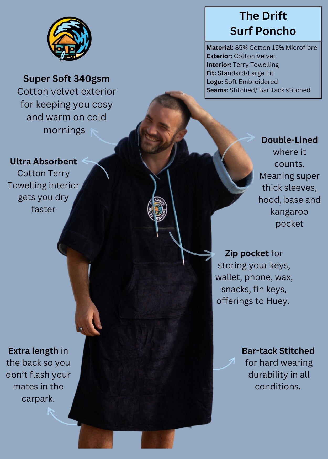 Shacked The Drift Surf Poncho | Navy/ Sky Blue [Unisex]